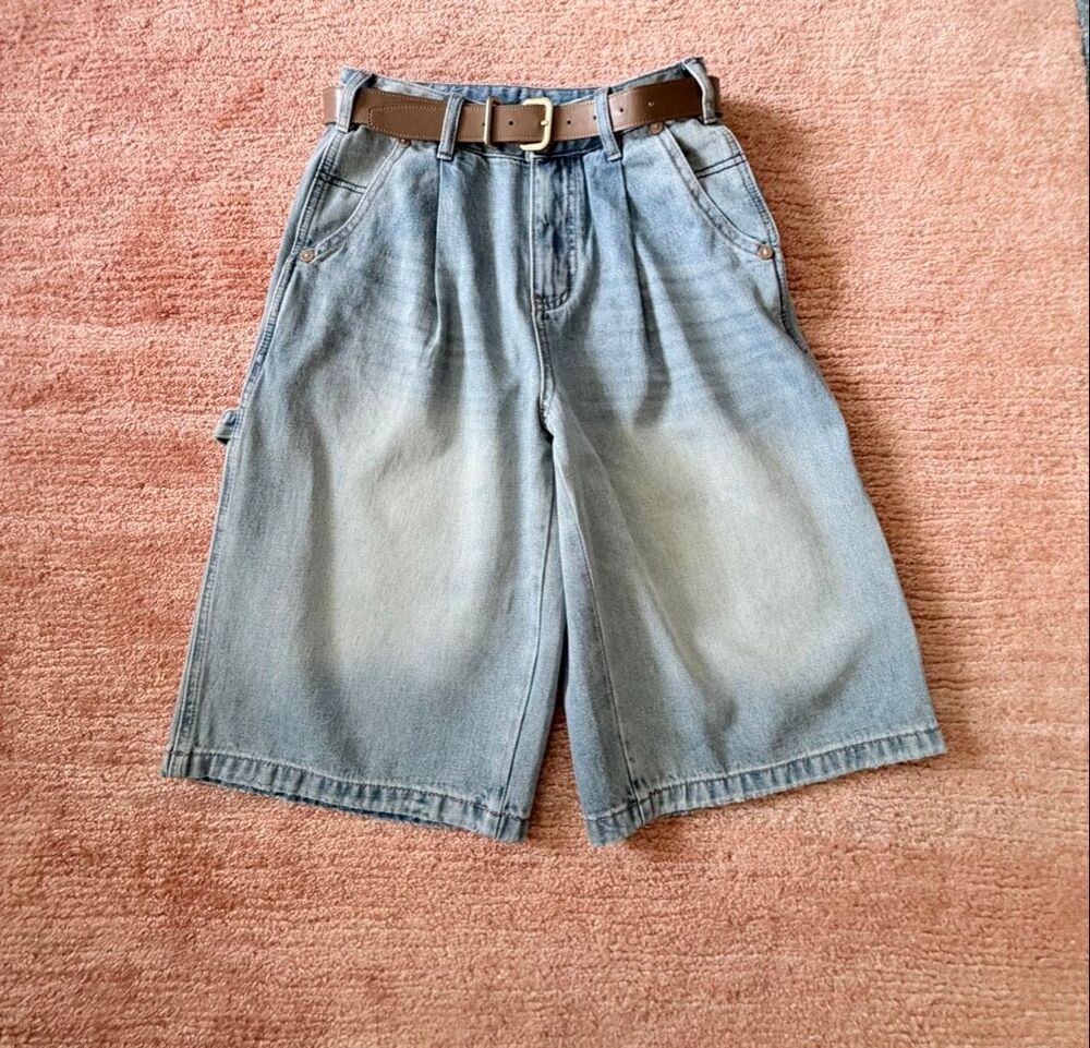 Light Wash Denim Bermuda Shorts High Rise Original Design Carpenter Belt NWT M